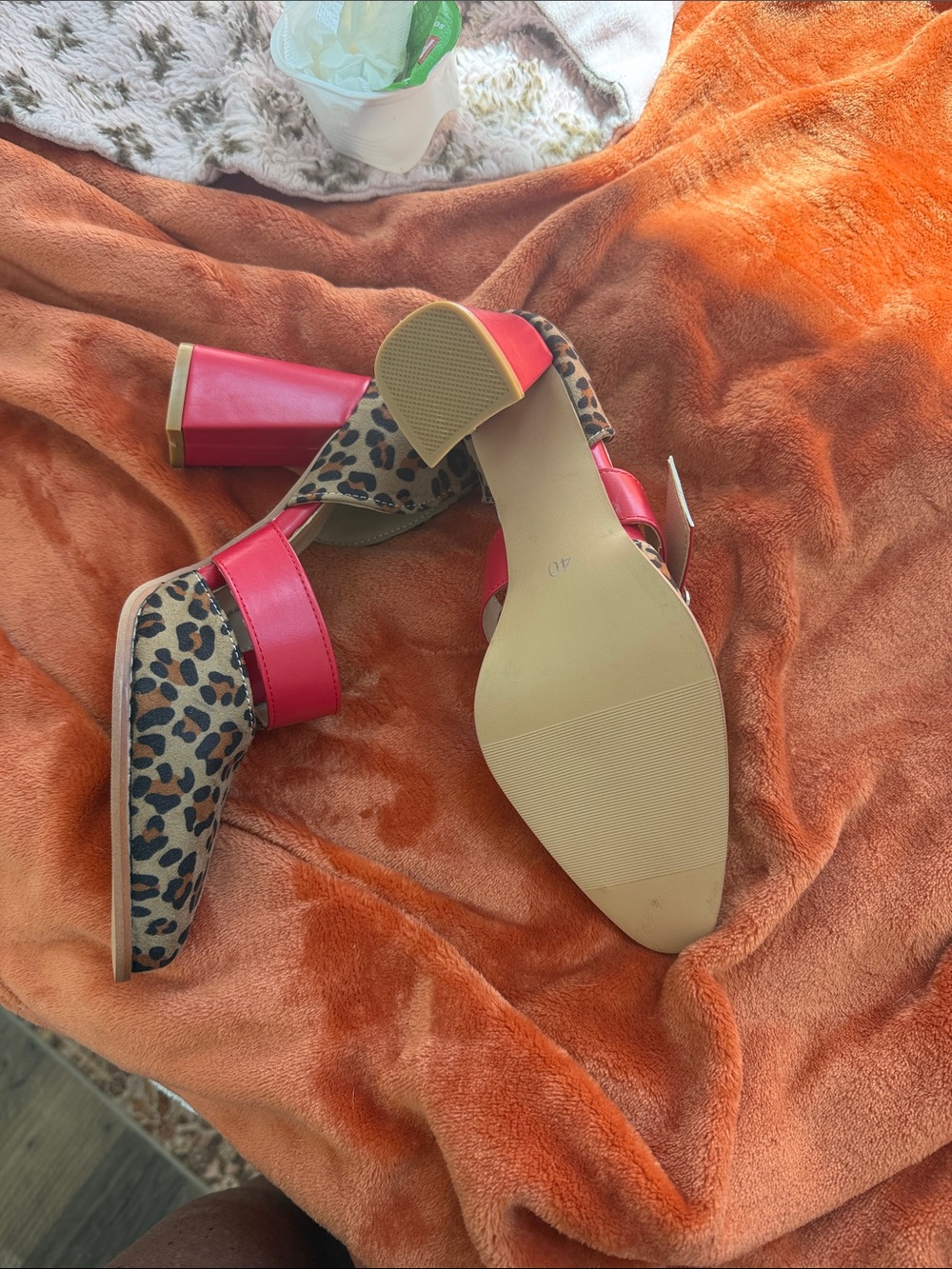 Leopard Print Pointed-Toe Heels with Red Strap